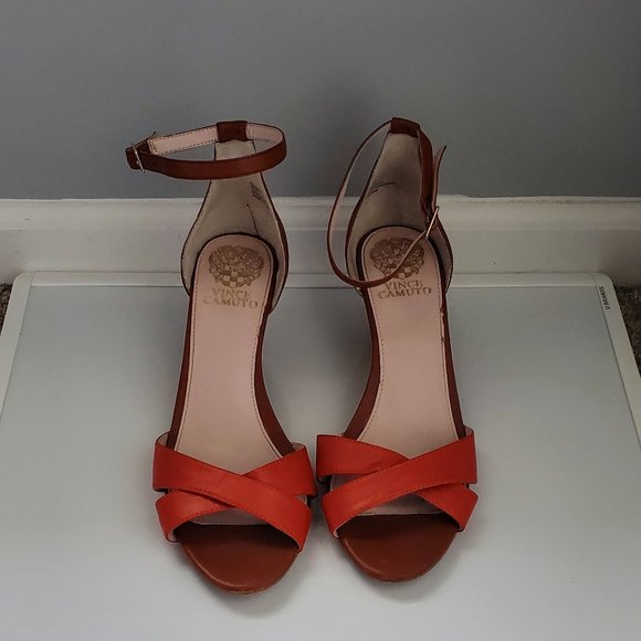 Vince Camuto Orange/Saddle Leather Wedge Ankle Strap Shoes - Picture 8 of 10